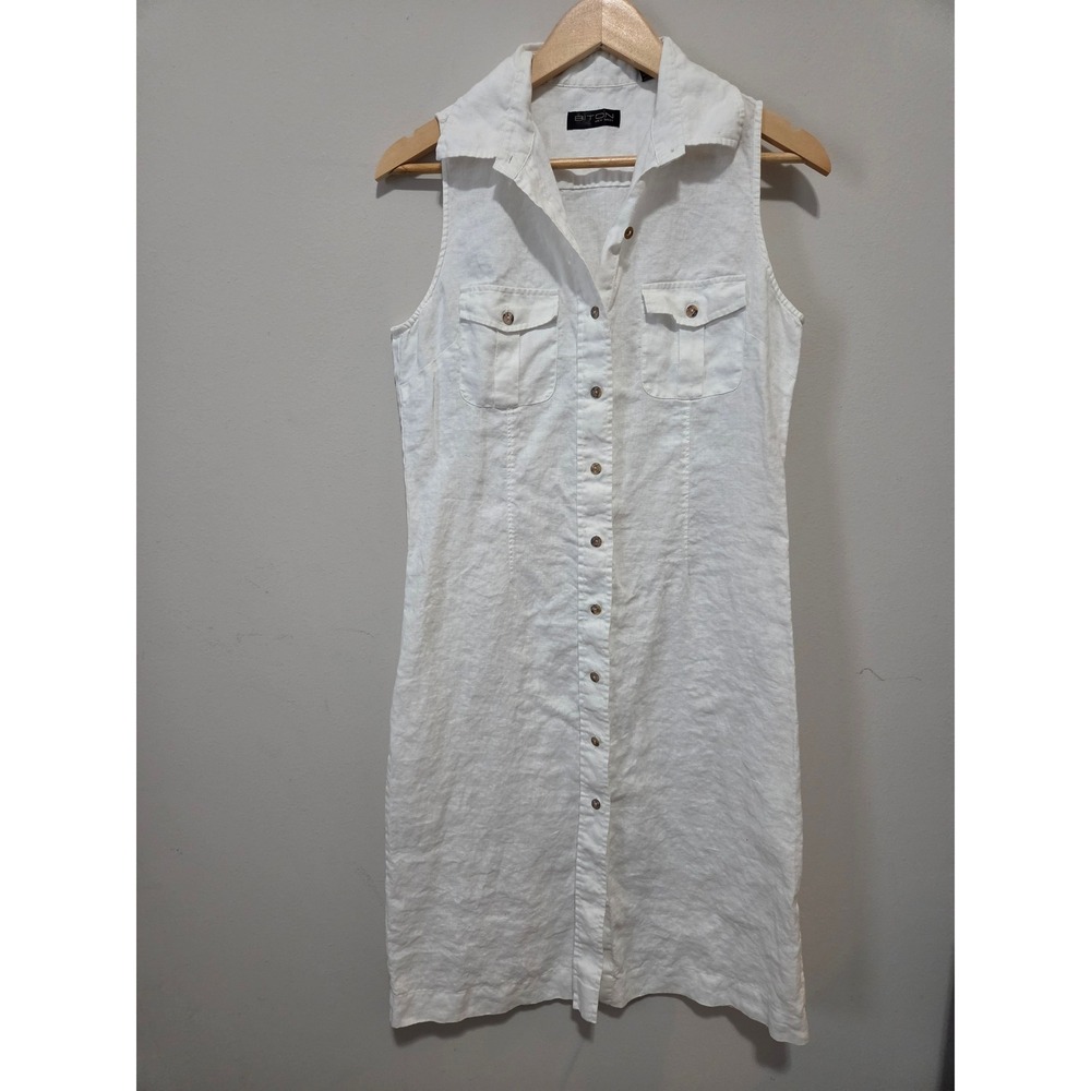 White 100% Linen Sleeveless Button Front‎ Shirt Dress Womens 6